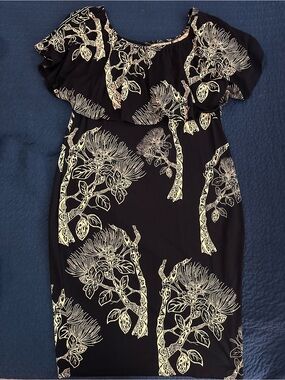 Black & Yellow Women's ruffle shoulder dress Ōhi’a lehua print Hawaiian Aloha